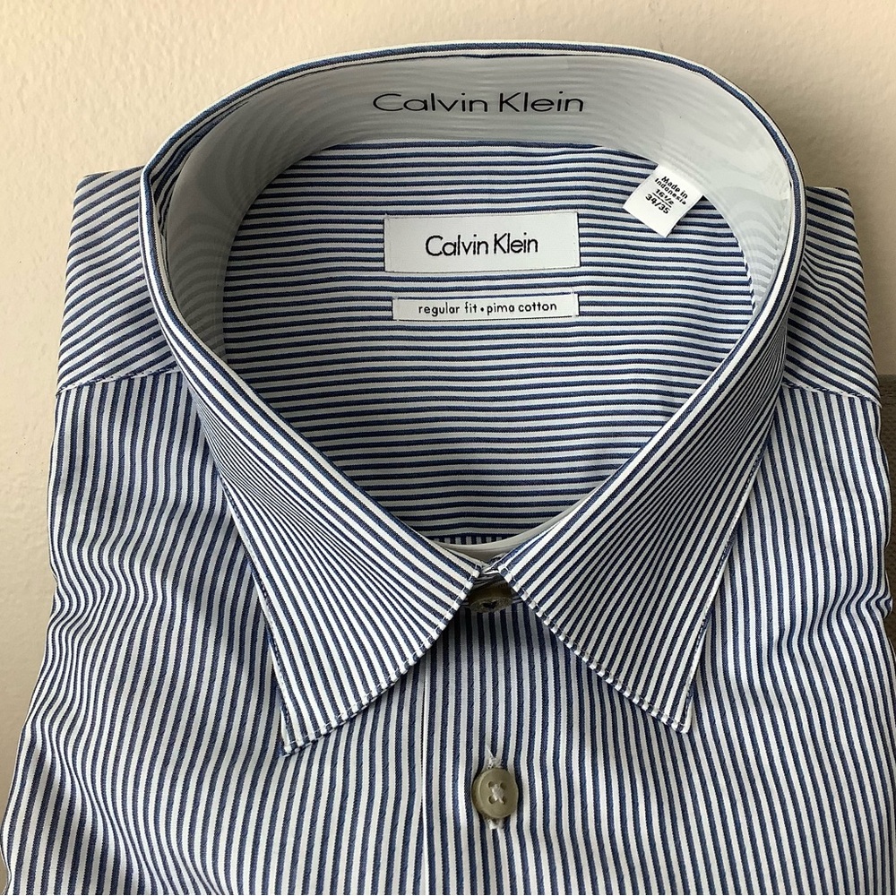 Calvin Klein Navy and White Striped Dress Shirt Point Collar and French Cuffs